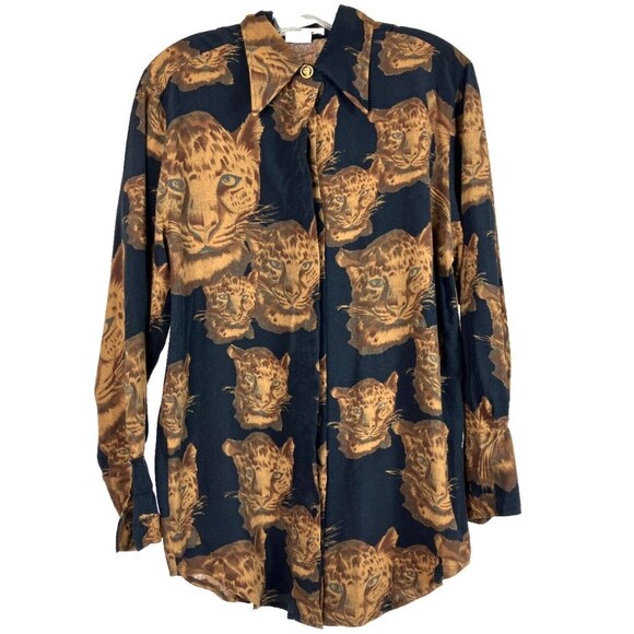 M Vintage Mondi Escada Leopards Tunic Top Blouse w Cat Button Margareta Ley - Picture 1 of 5